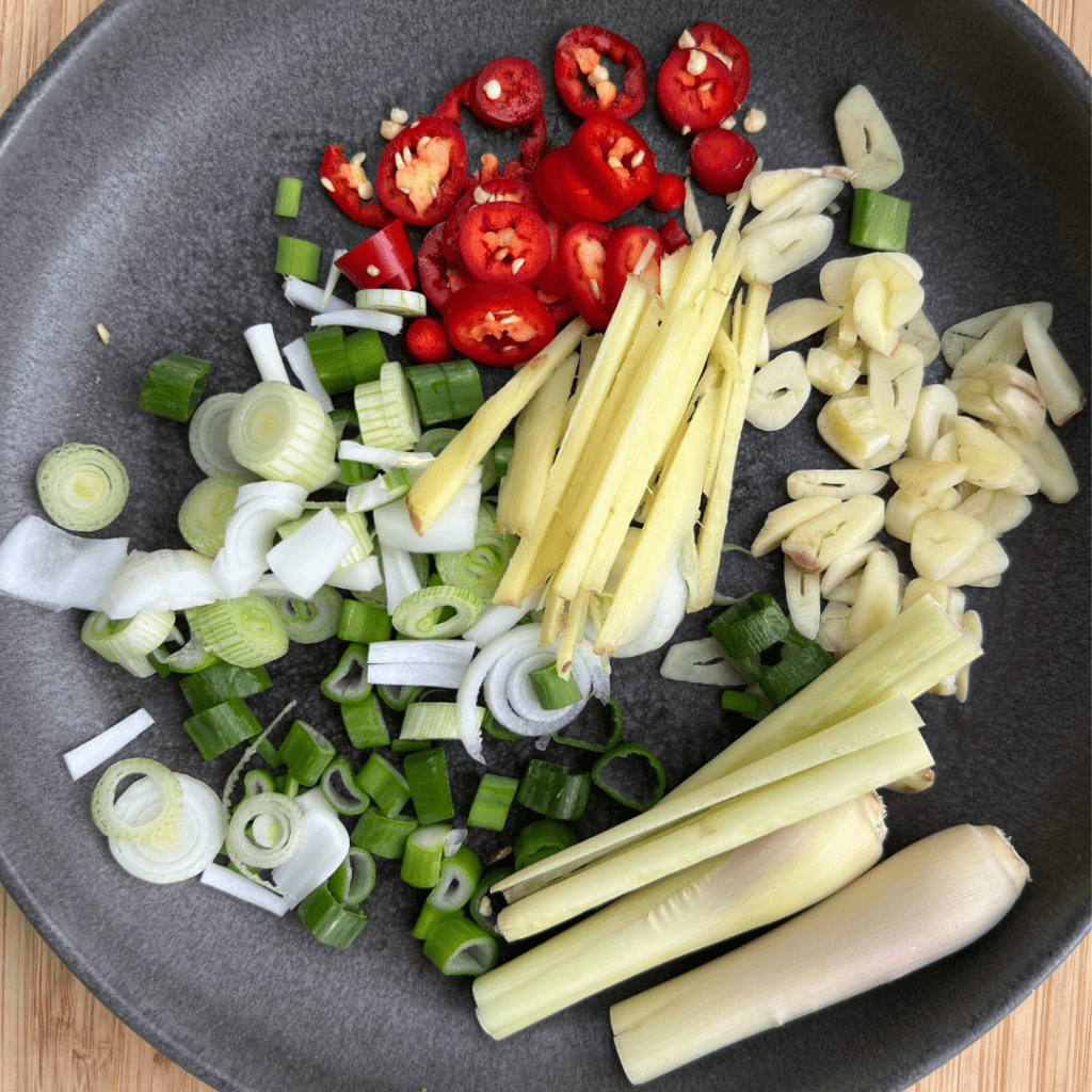 aromatics for the Vegetarian Mushroom Dumpling soup 