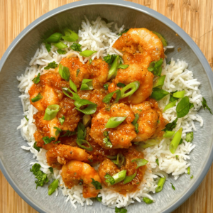 crispy spicy shrimp bowl garnished