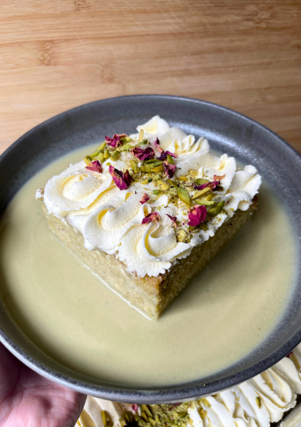 pistachio milk cake served