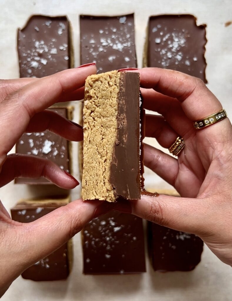 Gluten Free Vegan Peanut Butter and Chocolate Bars, side angle