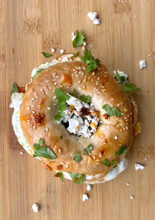 chilli oil and feta breakfast bagel