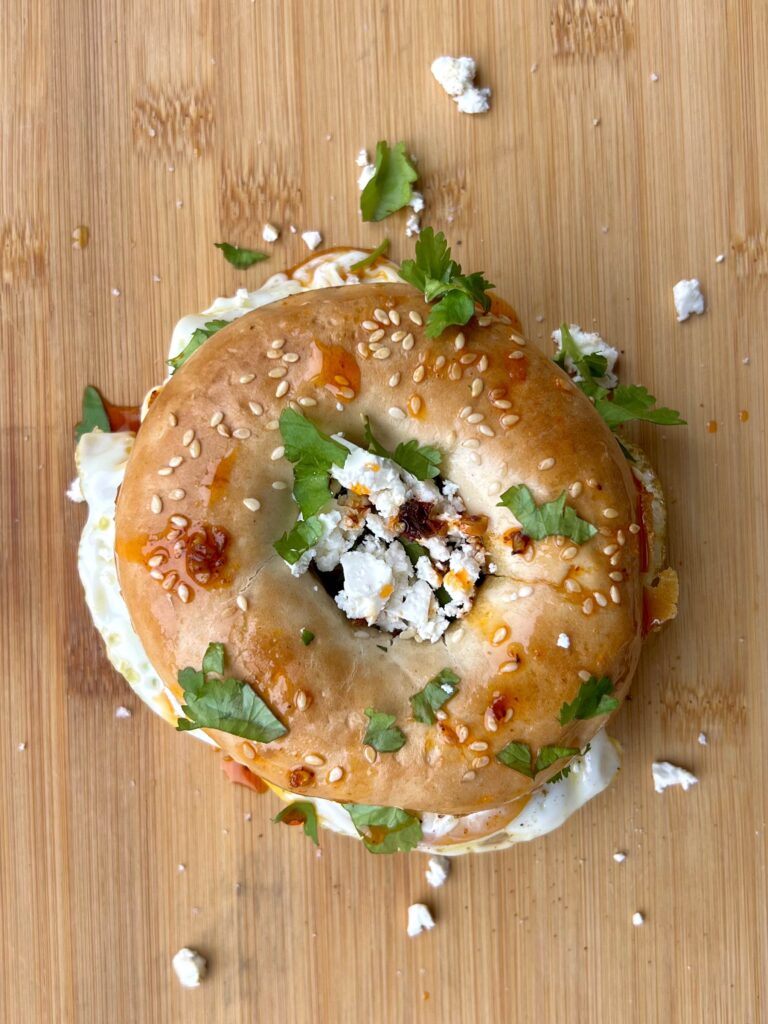 Chilli Oil and Feta Breakfast bagel  birds eye image